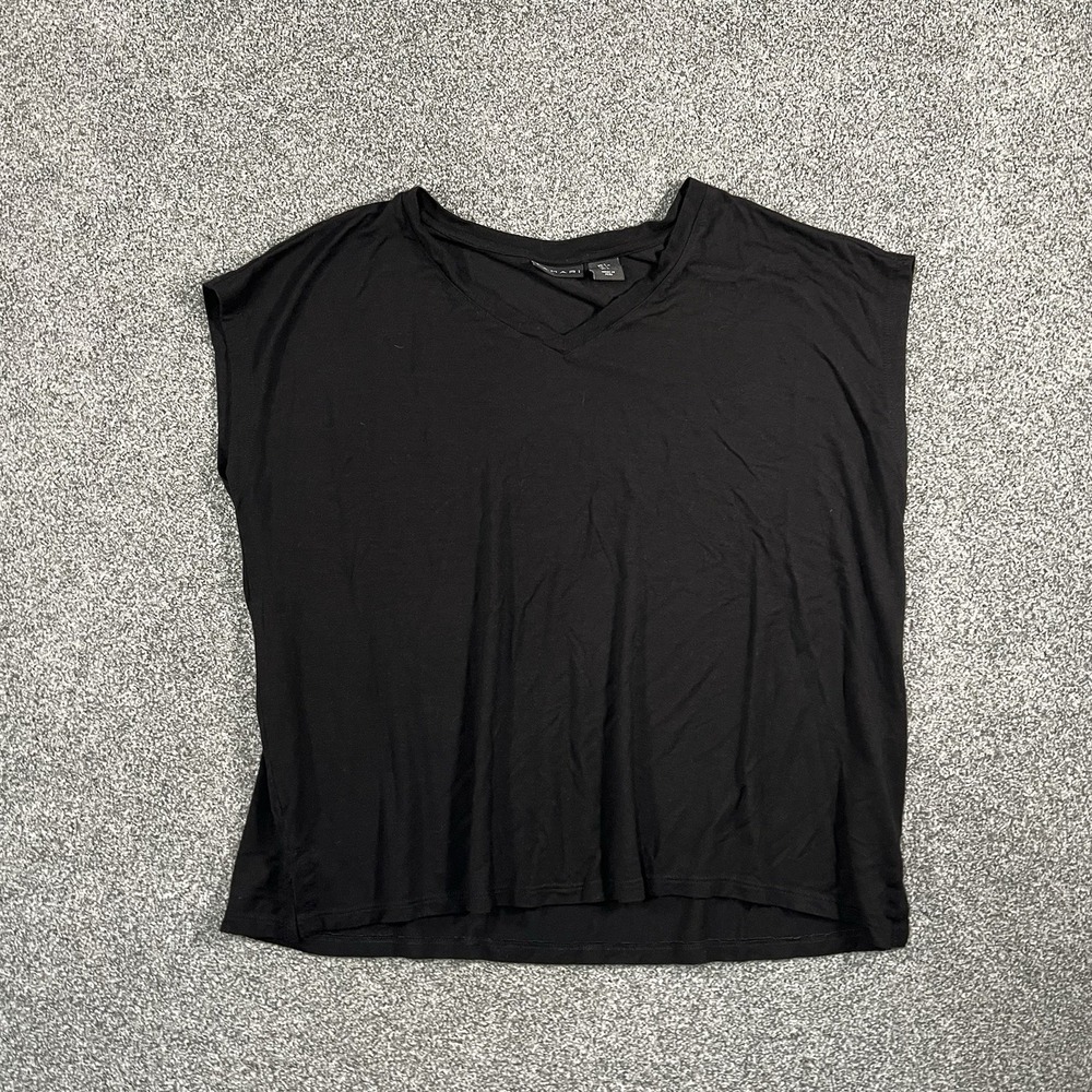 Tahari Womens XL Black V Neck Top Oversized Short Sleeve Blouse Tunic